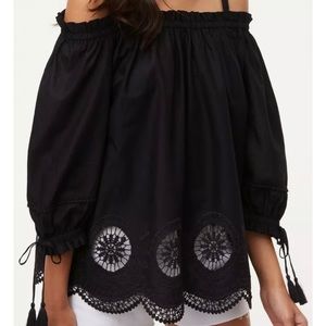 Ann Taylor LOFT Black Cotton Embroidered Off-the-Shoulder Blouse Size S